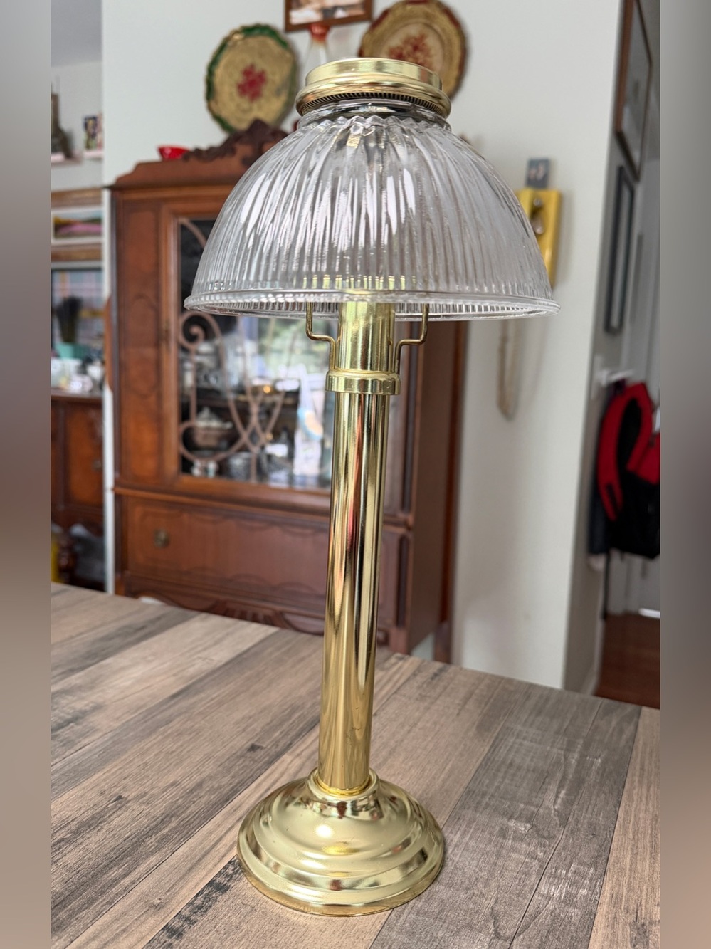 PartyLite Brass Gas Light Candle Table Lamp with Clear Ribbed Glass Shade